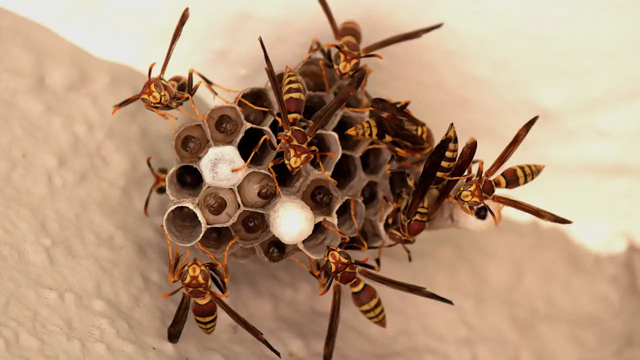 複数のアシナガバチが巣に群がっている画像